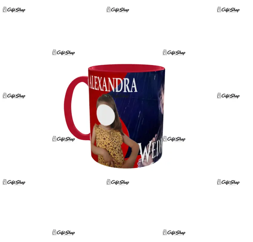 Wednesday (nume), cana din ceramica, 330ml, personalizata cu 2 poze si text model 3367